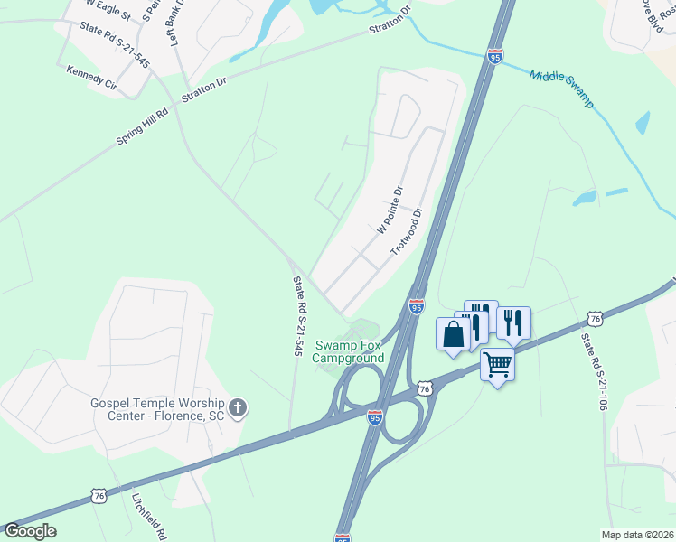 map of restaurants, bars, coffee shops, grocery stores, and more near 3889 West Pointe Drive in Florence