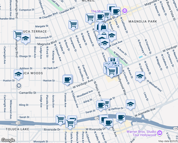 map of restaurants, bars, coffee shops, grocery stores, and more near 637 North Pass Avenue in Burbank