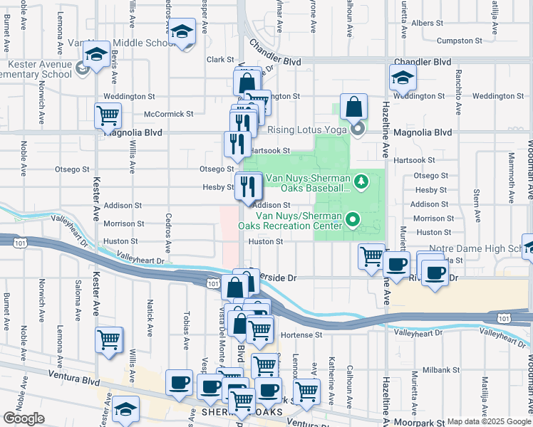 map of restaurants, bars, coffee shops, grocery stores, and more near 14414 Addison Street in Los Angeles