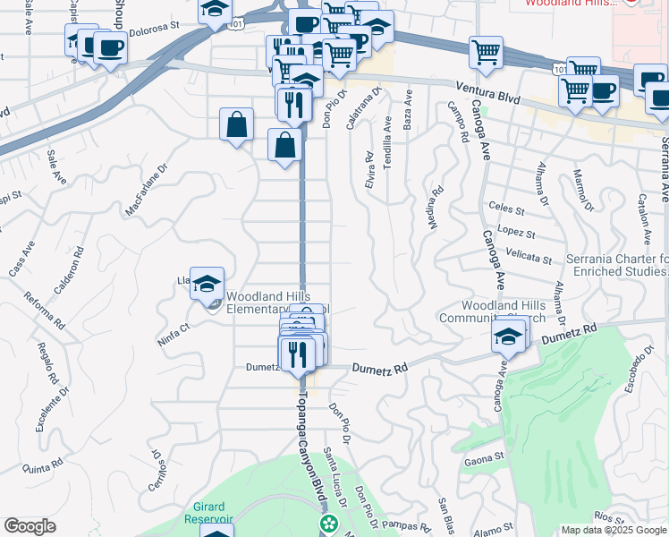 map of restaurants, bars, coffee shops, grocery stores, and more near 21832 Lopez Street in Los Angeles