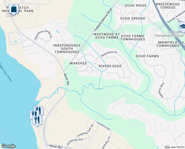 map of restaurants, bars, coffee shops, grocery stores, and more near 3810 River Front Place in Wilmington