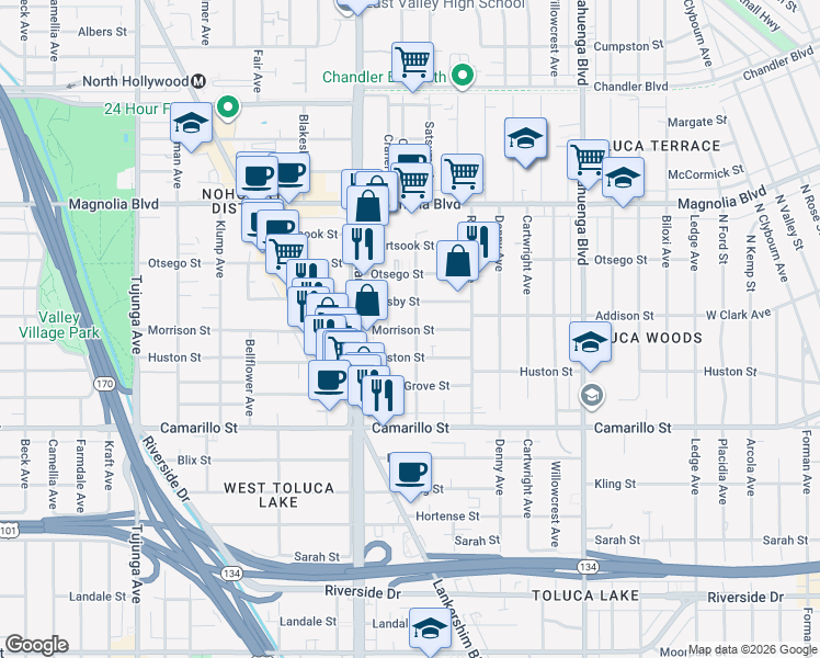 map of restaurants, bars, coffee shops, grocery stores, and more near 10857 Morrison Street in Los Angeles