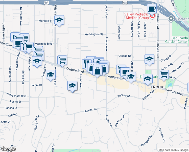 map of restaurants, bars, coffee shops, grocery stores, and more near 17404 Ventura Boulevard in Los Angeles