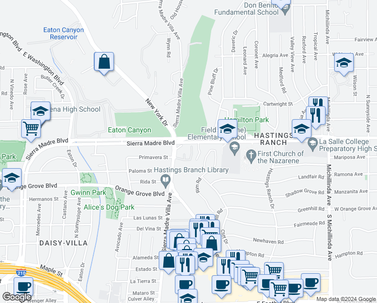 map of restaurants, bars, coffee shops, grocery stores, and more near 825 Cambridge Court in Pasadena