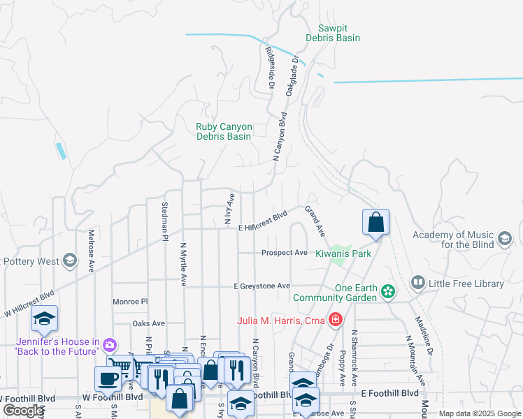 map of restaurants, bars, coffee shops, grocery stores, and more near 426 North Canyon Boulevard in Monrovia