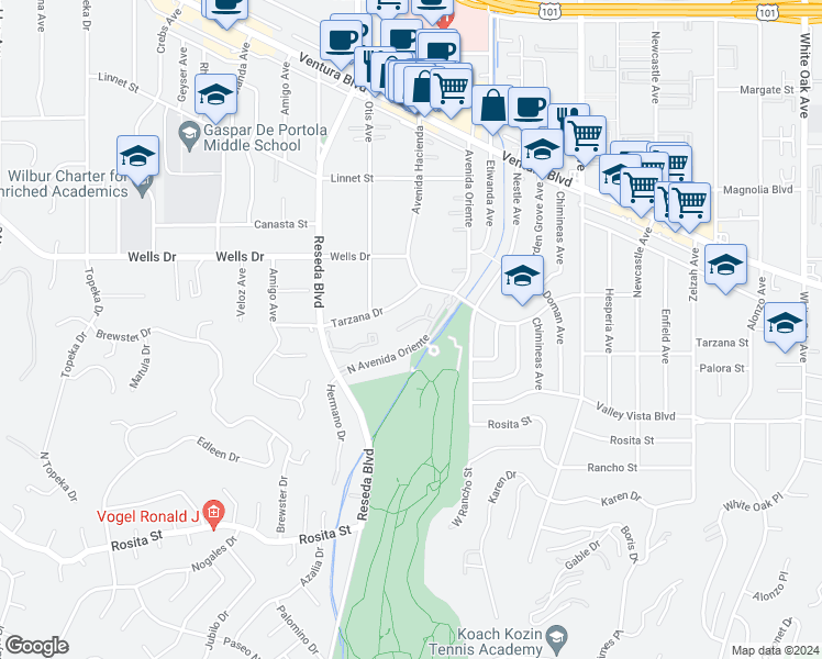 map of restaurants, bars, coffee shops, grocery stores, and more near 18414 West Corazon Circle in Los Angeles