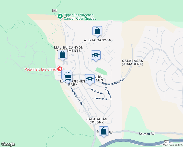 map of restaurants, bars, coffee shops, grocery stores, and more near 5709 Parkmor Road in Calabasas