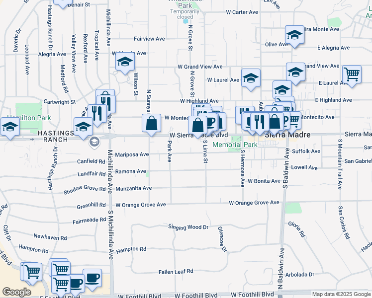 map of restaurants, bars, coffee shops, grocery stores, and more near 421 Mariposa Avenue in Sierra Madre