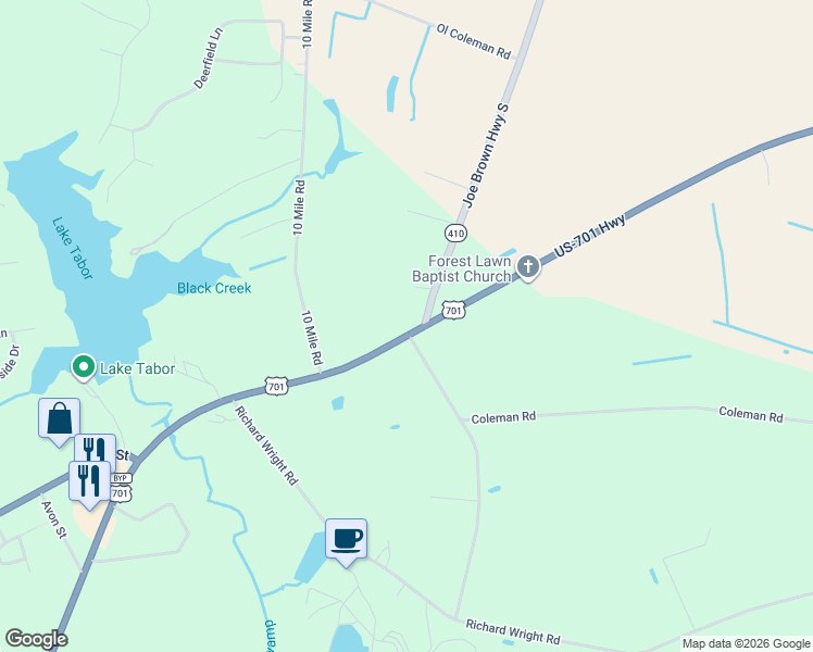 map of restaurants, bars, coffee shops, grocery stores, and more near 1599 East 5th Street in Tabor City