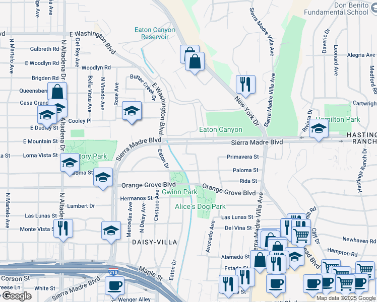 map of restaurants, bars, coffee shops, grocery stores, and more near 816 Canyon Washington Drive in Pasadena