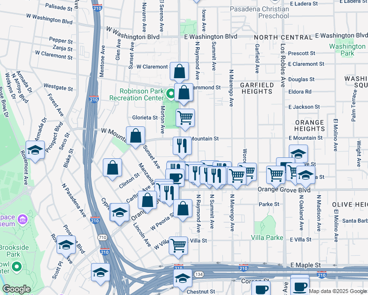 map of restaurants, bars, coffee shops, grocery stores, and more near 886 North Fair Oaks Avenue in Pasadena