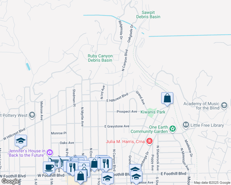 map of restaurants, bars, coffee shops, grocery stores, and more near 426 North Canyon Boulevard in Monrovia