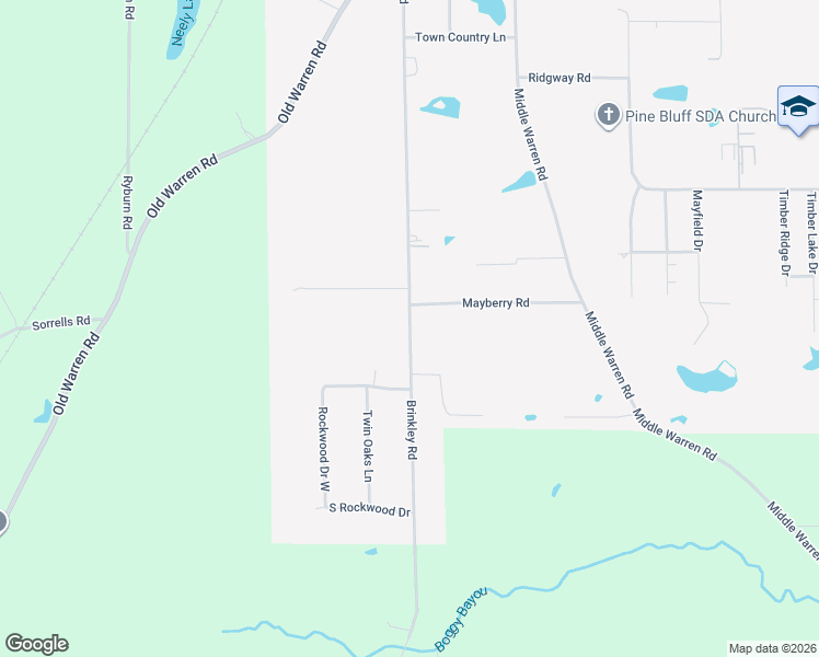 map of restaurants, bars, coffee shops, grocery stores, and more near Brinkley Road in Pine Bluff
