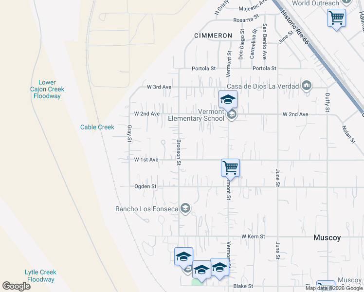 map of restaurants, bars, coffee shops, grocery stores, and more near 3527 Bronson Street in Muscoy
