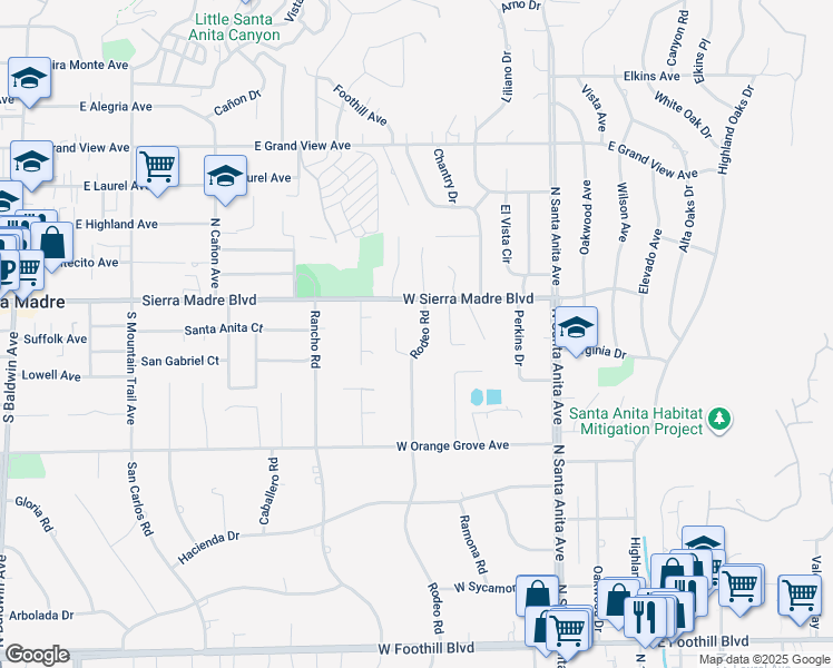 map of restaurants, bars, coffee shops, grocery stores, and more near 1637 Rodeo Road in Arcadia