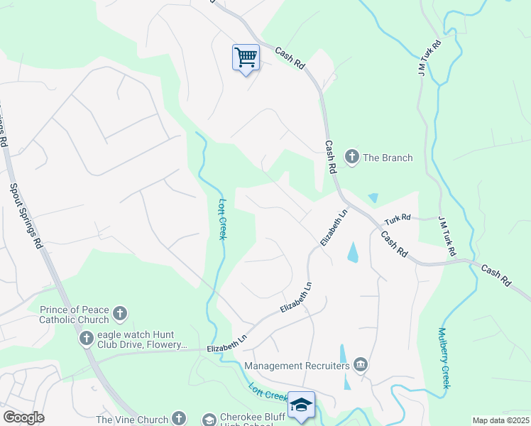 map of restaurants, bars, coffee shops, grocery stores, and more near 5155 Scenic View Road in Flowery Branch