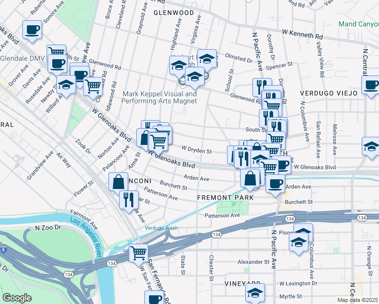 map of restaurants, bars, coffee shops, grocery stores, and more near 720 West Dryden Street in Glendale
