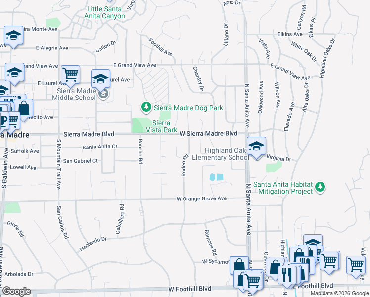 map of restaurants, bars, coffee shops, grocery stores, and more near 1637 Rodeo Road in Arcadia