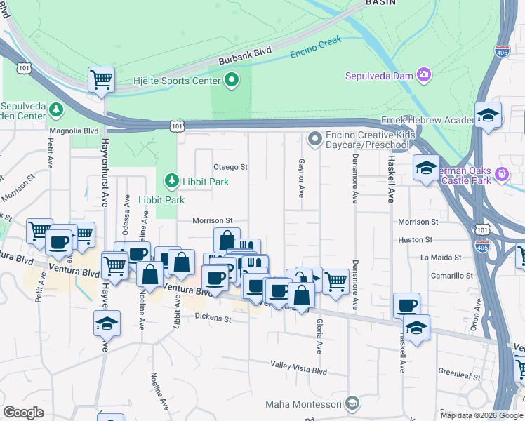 map of restaurants, bars, coffee shops, grocery stores, and more near 5036 Woodley Avenue in Los Angeles