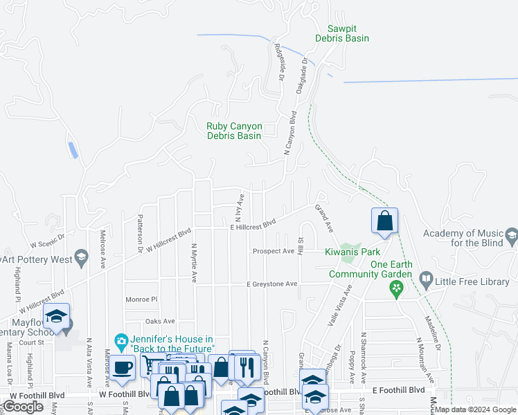 map of restaurants, bars, coffee shops, grocery stores, and more near 427 North Canyon Boulevard in Monrovia