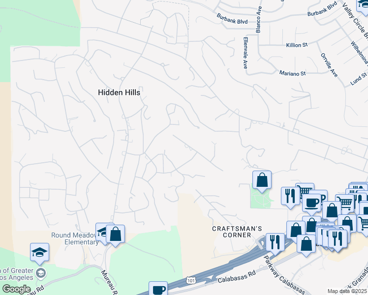 map of restaurants, bars, coffee shops, grocery stores, and more near 24328 Bridle Trail Road in Hidden Hills