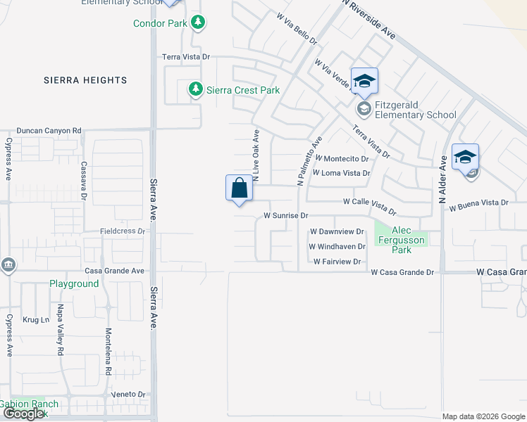 map of restaurants, bars, coffee shops, grocery stores, and more near 2802 West Sunrise Drive in Rialto