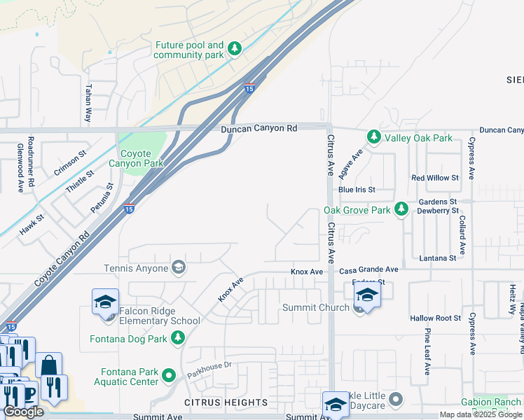 map of restaurants, bars, coffee shops, grocery stores, and more near 5120 Armendarez Lane in Fontana
