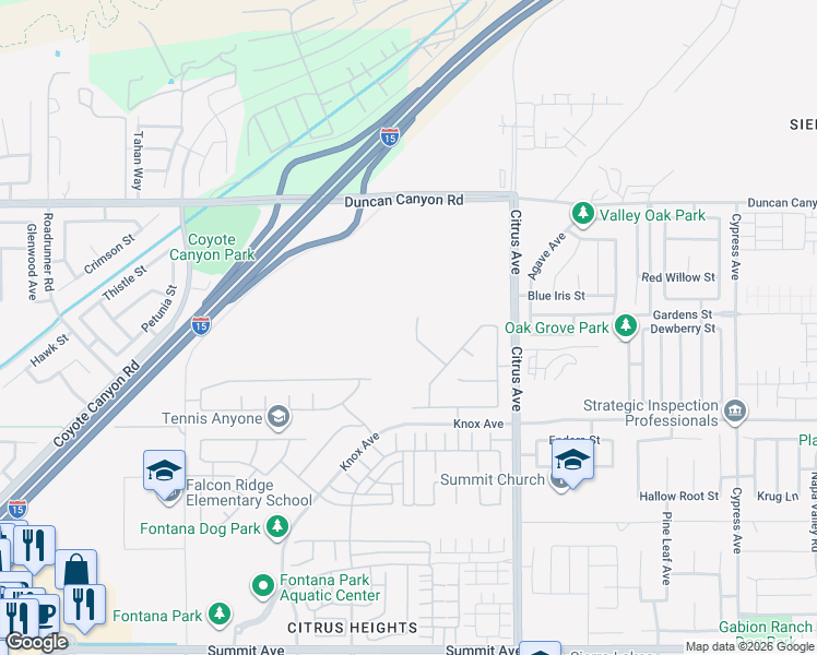 map of restaurants, bars, coffee shops, grocery stores, and more near 5120 Armendarez Lane in Fontana