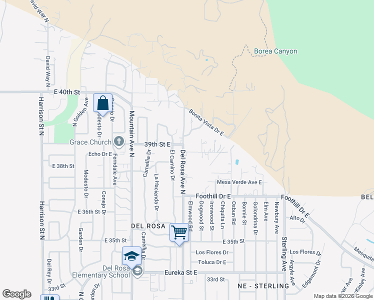 map of restaurants, bars, coffee shops, grocery stores, and more near 3895 Del Rosa Avenue North in San Bernardino