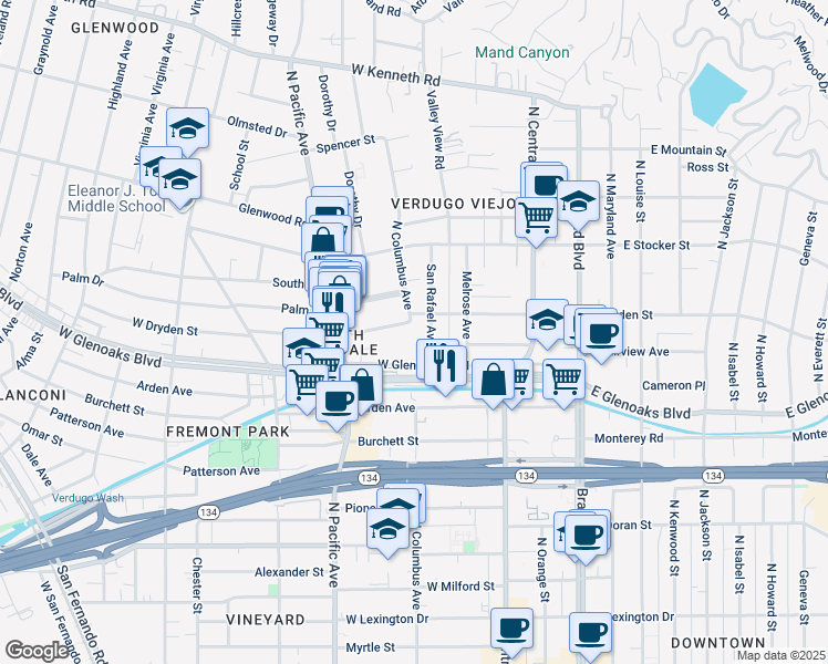 map of restaurants, bars, coffee shops, grocery stores, and more near 396 West Dryden Street in Glendale