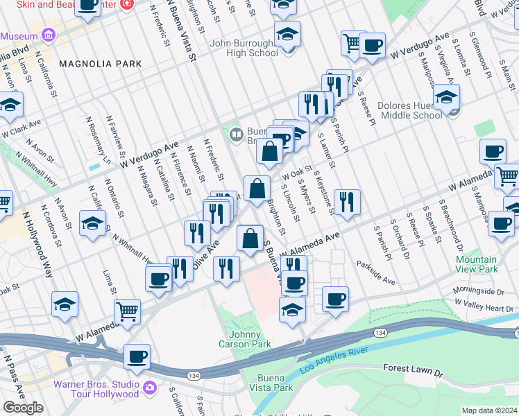 map of restaurants, bars, coffee shops, grocery stores, and more near 110 South Buena Vista Street in Burbank