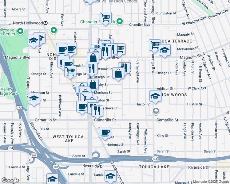 map of restaurants, bars, coffee shops, grocery stores, and more near 10815 Morrison Street in Los Angeles