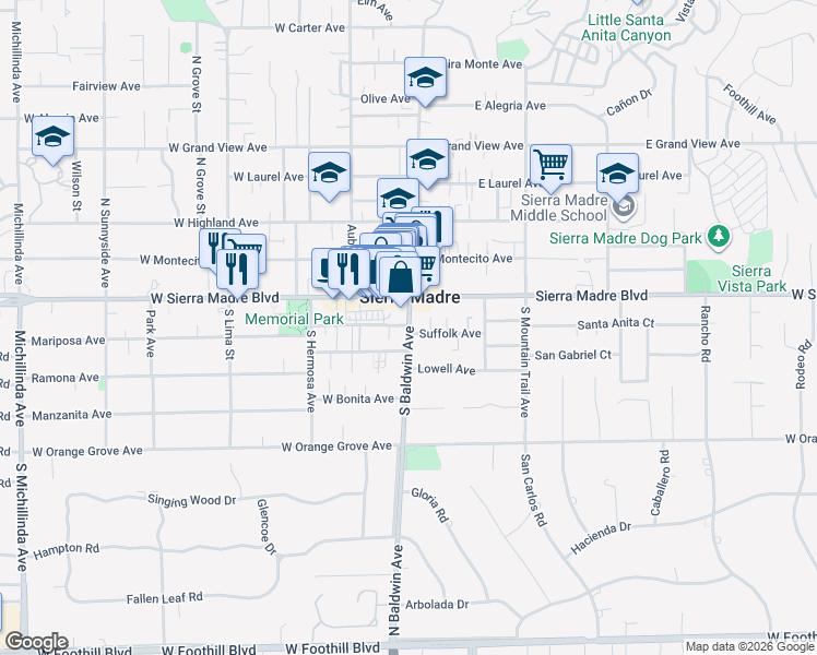 map of restaurants, bars, coffee shops, grocery stores, and more near 0 Mariposa Avenue in Sierra Madre