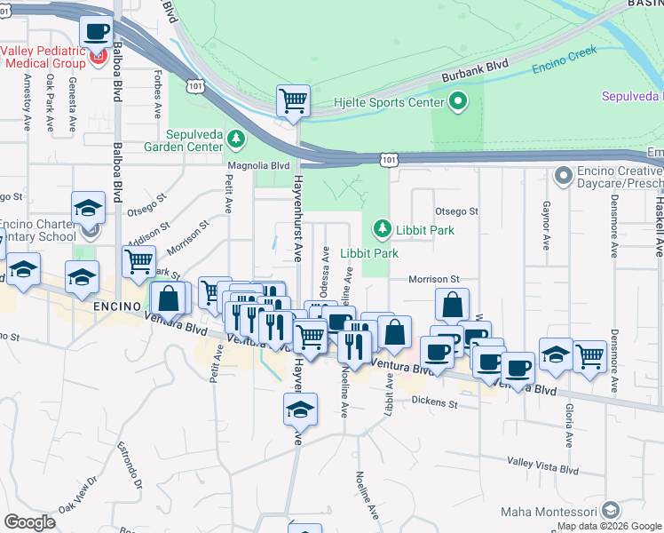 map of restaurants, bars, coffee shops, grocery stores, and more near 4976 Odessa Avenue in Los Angeles