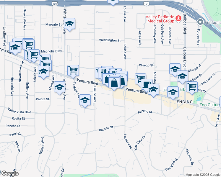 map of restaurants, bars, coffee shops, grocery stores, and more near 17404 Ventura Boulevard in Los Angeles