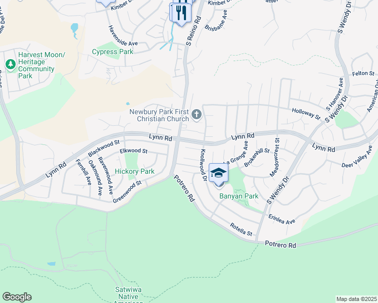 map of restaurants, bars, coffee shops, grocery stores, and more near 3854 Abbey Court in Thousand Oaks