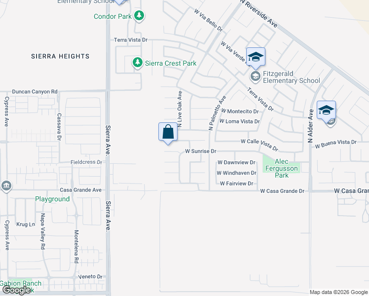 map of restaurants, bars, coffee shops, grocery stores, and more near 2802 West Sunrise Drive in Rialto