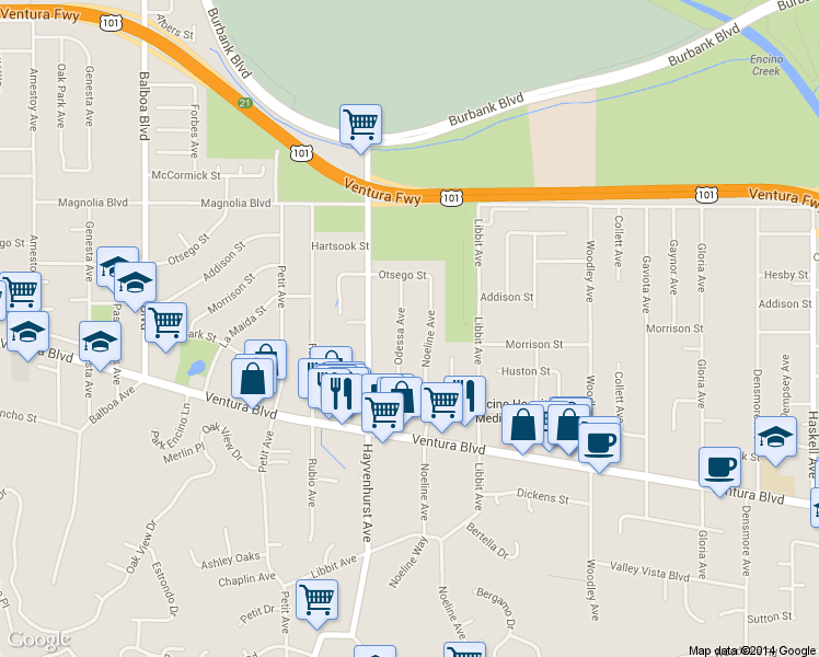 map of restaurants, bars, coffee shops, grocery stores, and more near 4976 Odessa Avenue in Los Angeles
