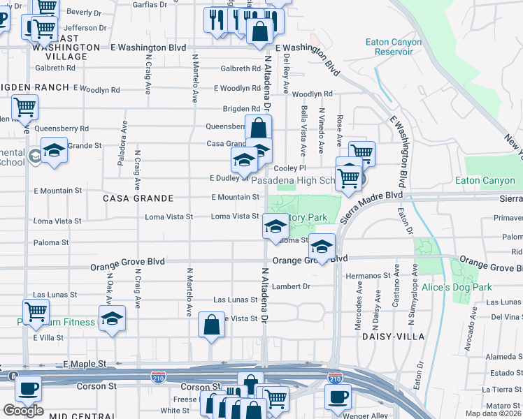 map of restaurants, bars, coffee shops, grocery stores, and more near 811 North Altadena Drive in Pasadena