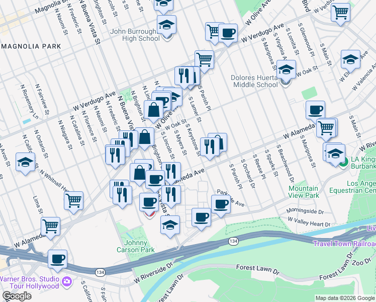 map of restaurants, bars, coffee shops, grocery stores, and more near 314 South Myers Street in Burbank