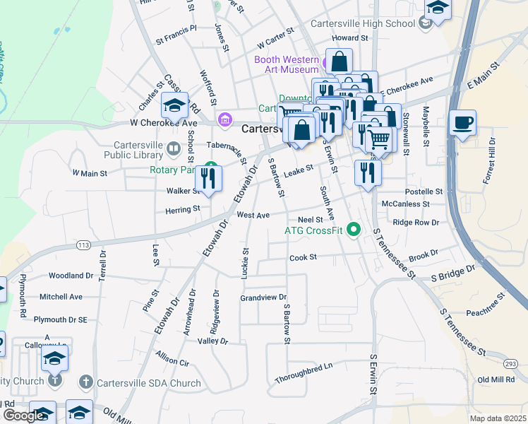 map of restaurants, bars, coffee shops, grocery stores, and more near 315 West Avenue in Cartersville