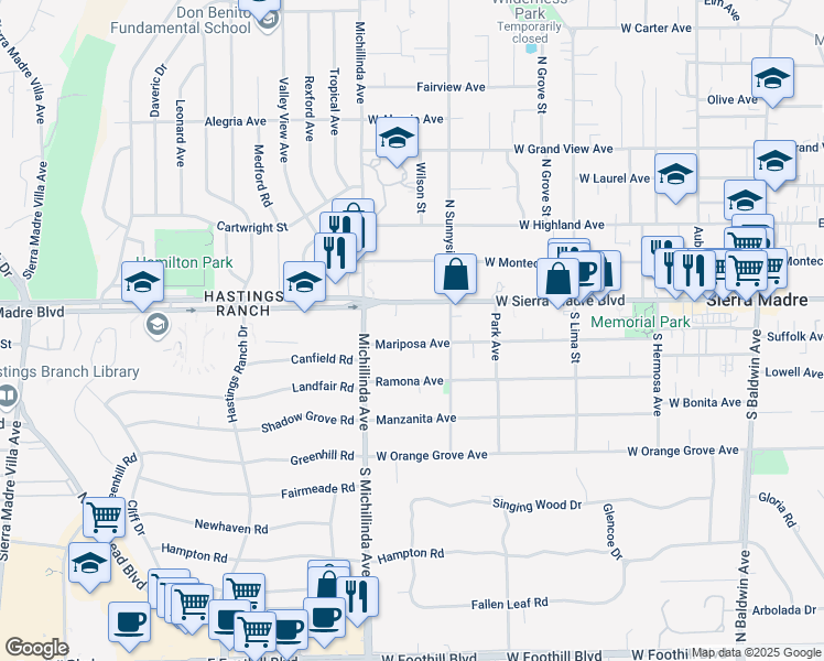 map of restaurants, bars, coffee shops, grocery stores, and more near 645 Mariposa Avenue in Sierra Madre