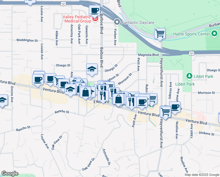 map of restaurants, bars, coffee shops, grocery stores, and more near 16815 Moorpark Street in Los Angeles