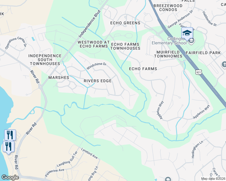 map of restaurants, bars, coffee shops, grocery stores, and more near 4130 Rounding Bend Lane in Wilmington
