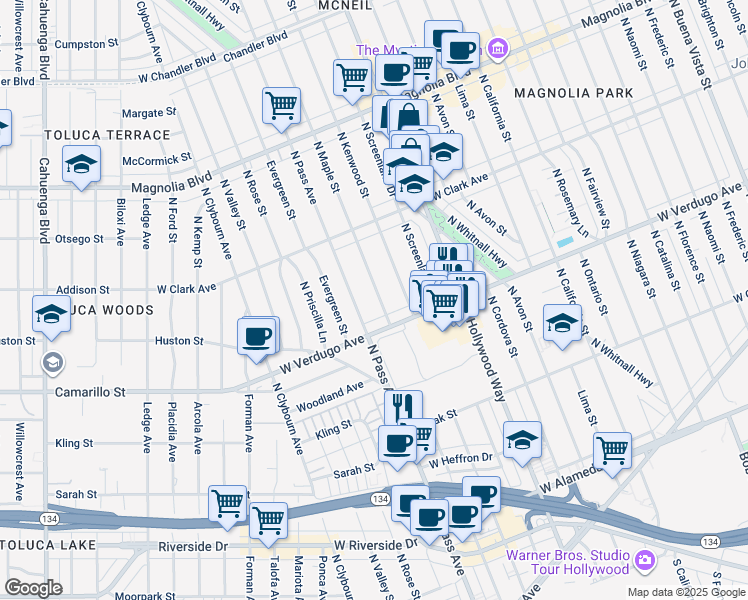 map of restaurants, bars, coffee shops, grocery stores, and more near 631 North Maple Street in Burbank