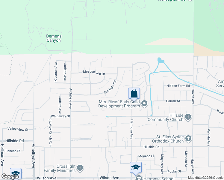 map of restaurants, bars, coffee shops, grocery stores, and more near 5119 Carriage Road in Rancho Cucamonga