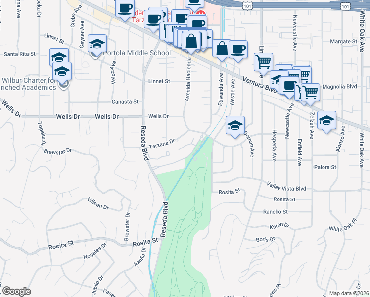 map of restaurants, bars, coffee shops, grocery stores, and more near 18414 West Corazon Circle in Los Angeles