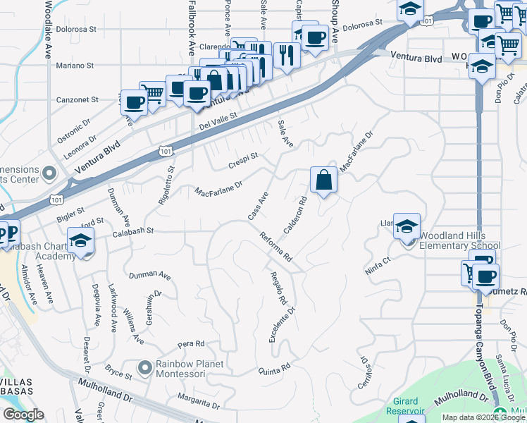 map of restaurants, bars, coffee shops, grocery stores, and more near 5001 Macfarlane Lane in Los Angeles
