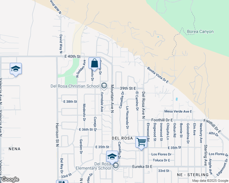 map of restaurants, bars, coffee shops, grocery stores, and more near 3885 Mountain Avenue North in San Bernardino