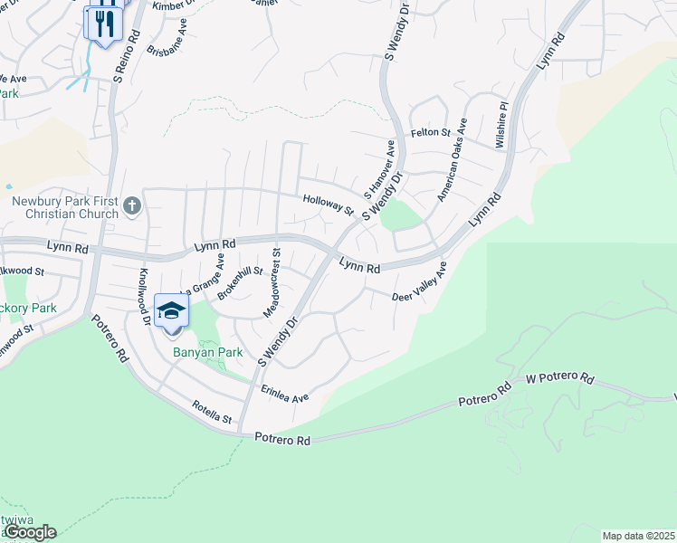 map of restaurants, bars, coffee shops, grocery stores, and more near 930 Prospector Place in Thousand Oaks